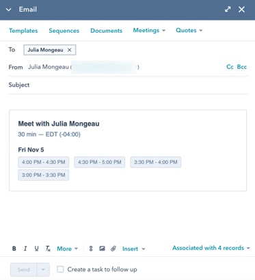 Sales Hub - Proposer des horaires de réunion par e-mail.